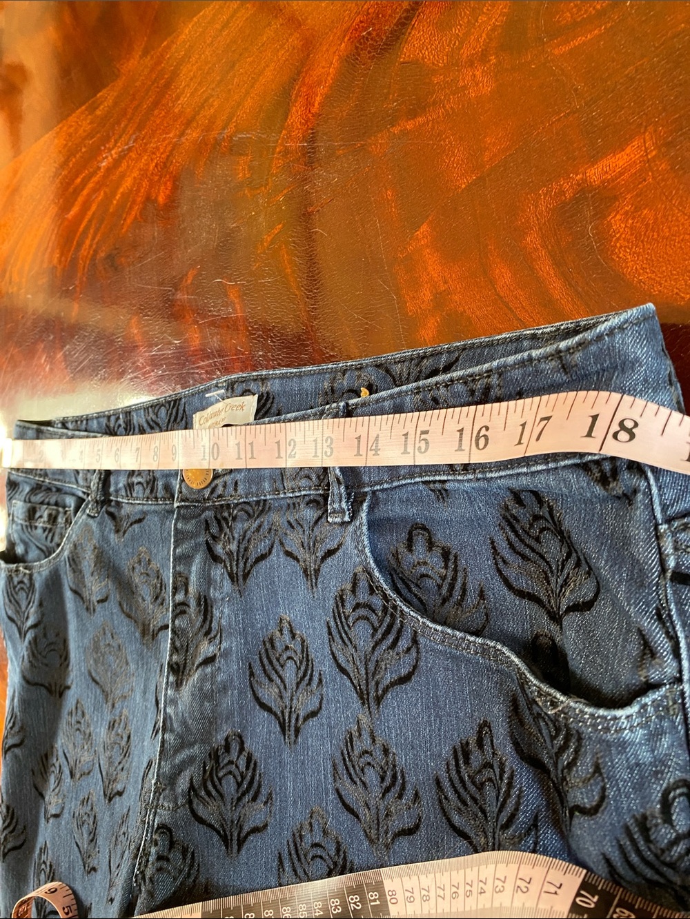 Coldwater Creek Women's Navy Jeans with Black flocked Floral - Picture 4 of 6